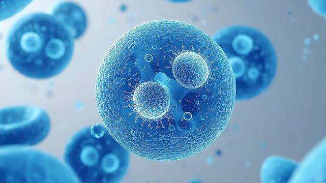 Microscopic blue cells floating in fluid environment showing biological division process in a high quality medical animation video clip