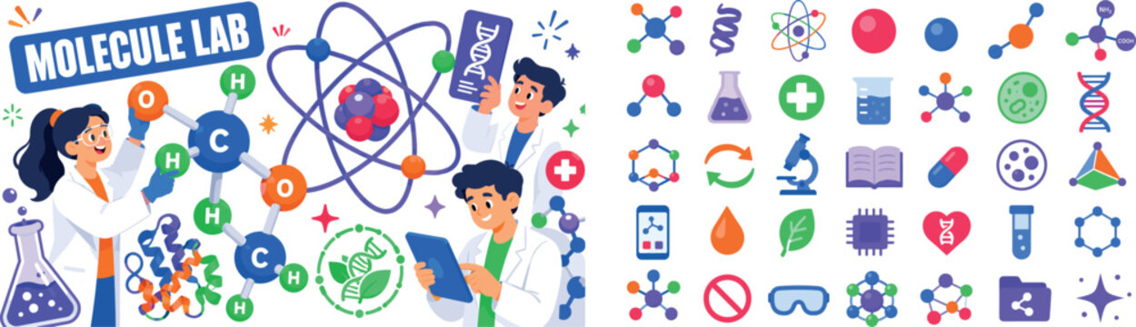Molecule Science Network banner scene with three researchers interacting around oversized molecule structure and giant atom model, one connecting oxygen and hydrogen nodes, one holding DNA card, one