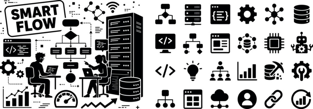 Algorithm System Flow. Solid black glyph-style banner for algorithm system and software flow scene, with two developers building a smart processing diagram, oversized flowchart node and giant computer