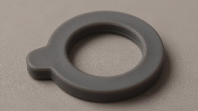 High-resolution small gray rubber-like object resembling ring o-ring resting light beige surface has smooth ma