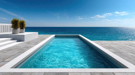 Fototapeta premium Luxury infinity pool overlooking a vibrant blue ocean, offering an idyllic summer vacation escape and a serene outdoor relaxation spot with panoramic sea views