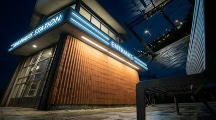 Fototapeta premium Modern Bauhaus Architecture Entrance Facade at Night
