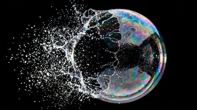 Exploding Soap Bubble - A High-Speed Capture of Water Droplets and Iridescent Colors Against Black.
