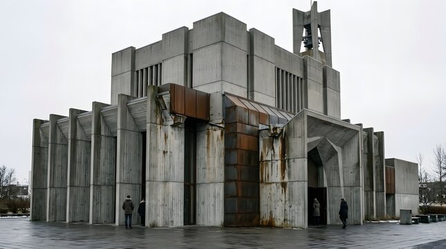 Modern Brutalist Architecture Facade with People Under Cloudy Sky
