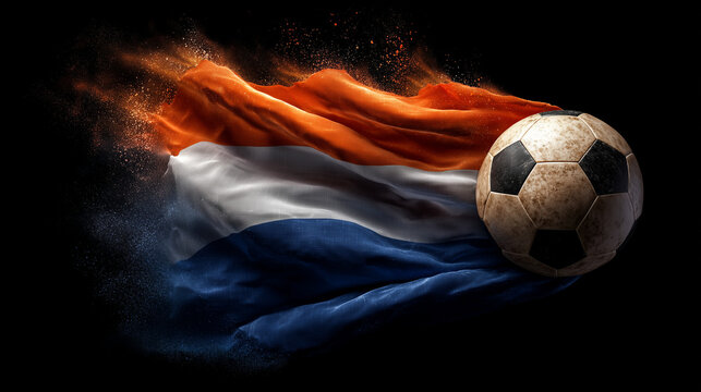 holland netherlands dutch football national team oranje. dutch flag waving with soccer ball on black background