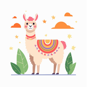 Cute Llama Illustration with Colorful Blanket and Stars