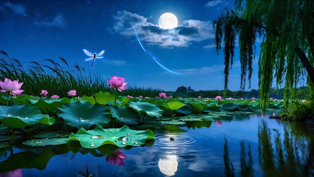 Moonlit Lotus Pond with Shoes and Tea Cup - Serene Night Escape Illustration