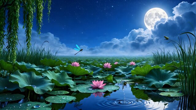 Moonlit Lotus Pond with Clear Sky - Peaceful Night Illustration