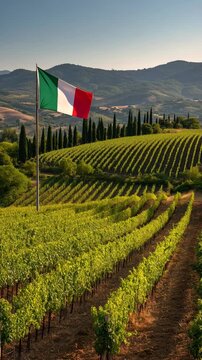 italian tuscany landscape view: lush green landscapes in the heart of the Italian summer, featuring vineyards, cypresses, mountains, and a large, billowing Italian flag.