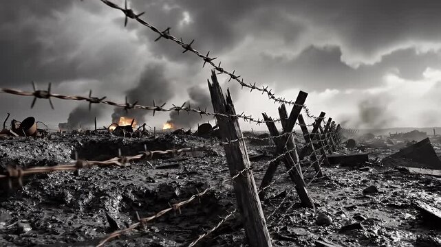 Barbed wire fence in a desolate war-torn landscape with smoke and destruction.