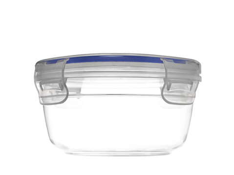 Empty clear package box closed by lid, photo plastic container, kitchen bucket for dry products isolated on white and transparent background