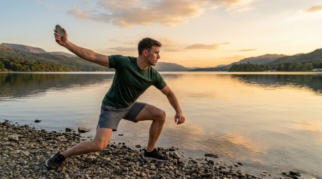Man throwing a rock into the lake at sunset, enjoying outdoor leisure activities.