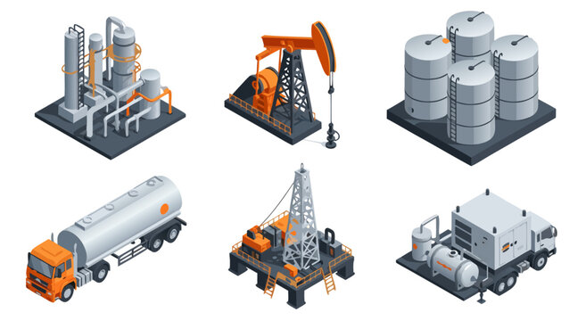 Isometric vector illustration of oil and gas industry equipment, including refinery, pumpjack, storage tanks, tanker truck, and drilling rig elements