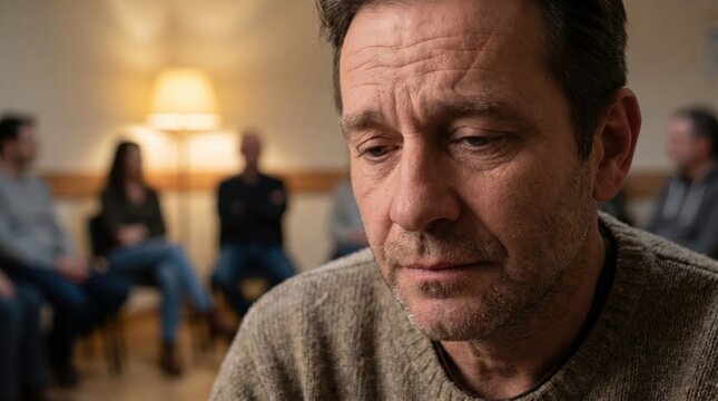 Close up portrait of sad middle aged man sitting in therapy support group meeting