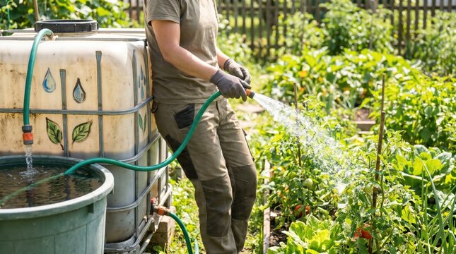Woman watering vegetable garden with hose connected to large rain water harvesting tank
