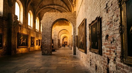 Obraz premium Historic arched corridor with classical paintings and dramatic light