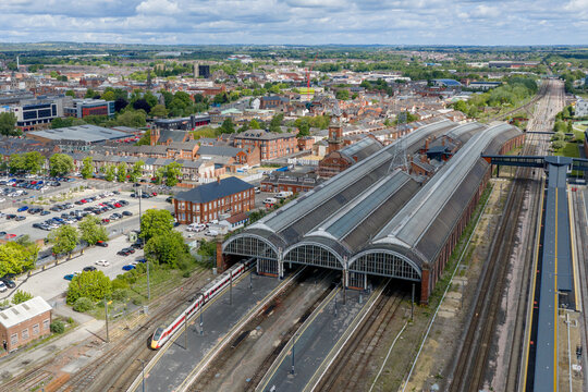 Darlington railway station and surrounding town centre in County Durham, England, showing rail infrastructure and urban landscape.