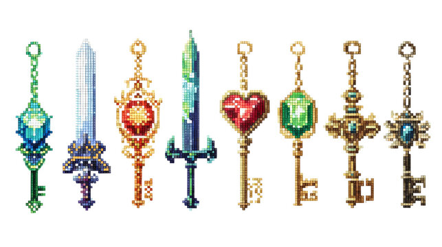 Pixel art 8-bit icons of fantasy items like a sword, treasure gem, and key, isolated on a white background, classic retro game style