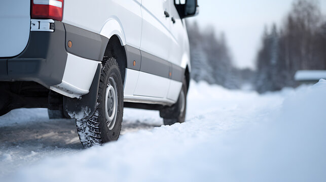 White delivery van travel on snowy road during winter with deep snow, tires with good grip, cold weather conditions, logistics service