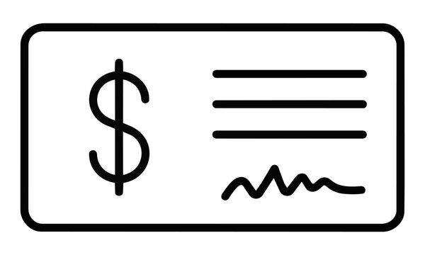 Simplified check icon featuring a dollar symbol inside a frame with document lines and a signature isolated on a white background, financial document concept
