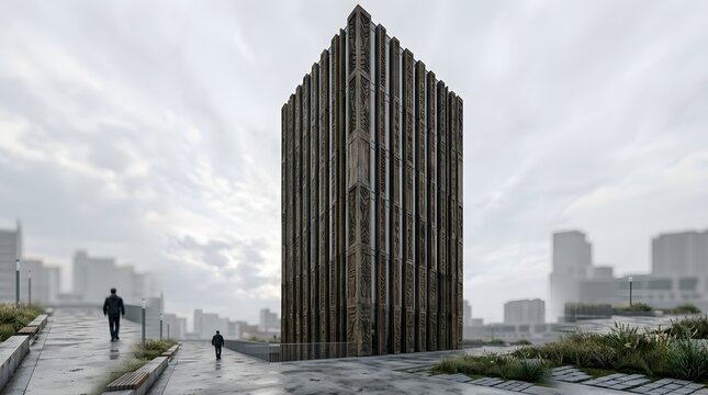 Modern towering architectural facade on a misty urban street