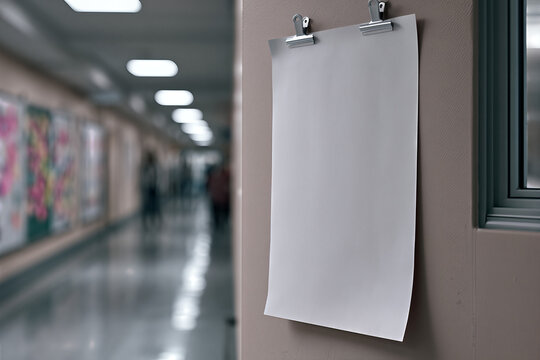 Modern Classroom Display: White Poster, Silver Clips, School Corridors, Natural Lighting