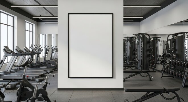 Centered Blank Poster Mockup in a Sleek, Modern Gym with Cardio and Strength Equipment