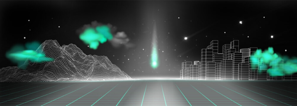Futuristic cyberpunk banner background with green neon clouds in wireframe landscape matrix code style digital city skyline grid mountains and perspective floor grid