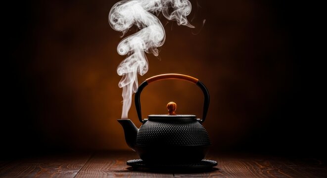 Elegant Steam Swirls from a Black Cast Iron Tetsubin in Dramatic Light