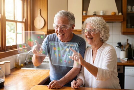 Laughing senior couple using a futuristic holographic interface to interact with vegetable icons in their kitchen