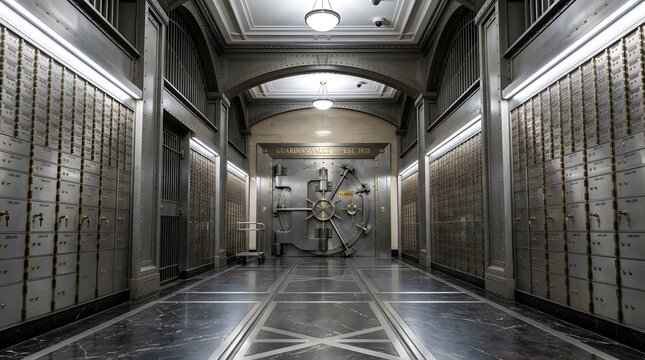 Vintage bank vault interior with safe deposit boxes and clock