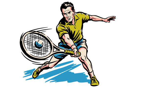 Retro tennis player illustration hitting backhand shot. Vintage sports graphic for t-shirt print, poster, sticker, and athletic club design.