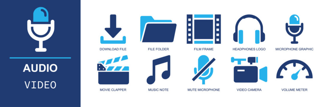 Audio video icon set. Containing download file, file folder, film frame, headphones, microphone, movie clapper, music note, mute microphone, video camera and more. Solid fill vector icons.