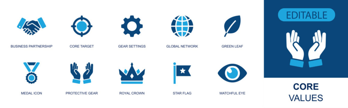 Core values icon set. Containing business partnership, target, gear settings, global network, green leaf, medal, protective hands, crown, star flag and more. Solid fill vector icons.