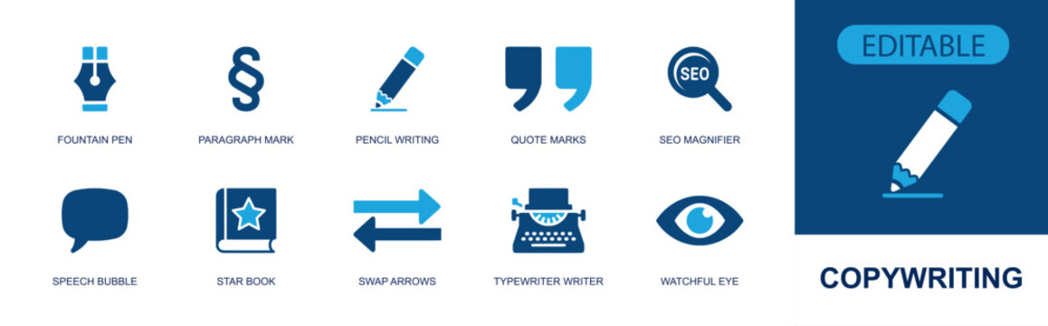 Copywriting icon set. Containing fountain pen, paragraph mark, pencil writing, quote marks, SEO magnifier, speech bubble, typewriter, eye, star book and more. Solid fill vector icons.