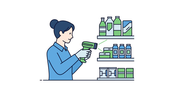 Vector Illustration of a Woman Scanning Products on a Retail Shelf, Efficient Inventory Management and Stock Taking