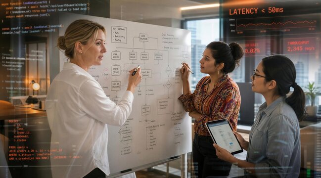 Focused female developer drawing complex algorithms and flowcharts on a whiteboard during a meeting
