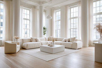 Fototapeta premium Spacious, Modern Living Room with High Ceilings, Light Wood Flooring, and Abundant Natural Light