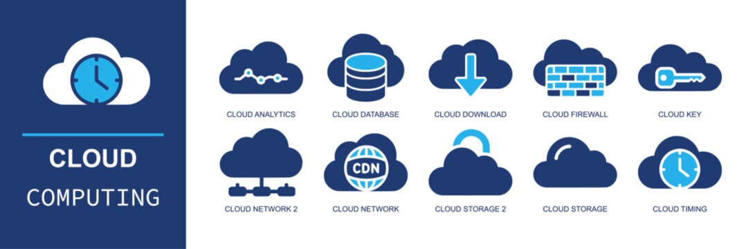 Cloud computing icon set. Containing analytics, database server, download, secure firewall, access key, content network, cloud storage, timing, CDN and more. Solid fill vector icons.