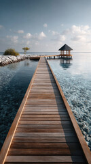 Fototapeta premium Wooden pier stretches over transparent ocean reflecting a white sandy beach and an exotic resort gazebo, inviting travelers to a peaceful vacation experience