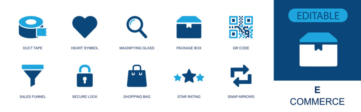 E commerce icon set. Containing package box, shopping bag, sales funnel, secure lock, QR code, star rating, online search, swap arrows, secure payment and more. Solid fill vector icons.