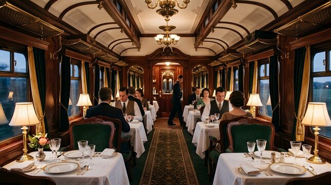 Elegant dining party in classic luxury train carriage interior