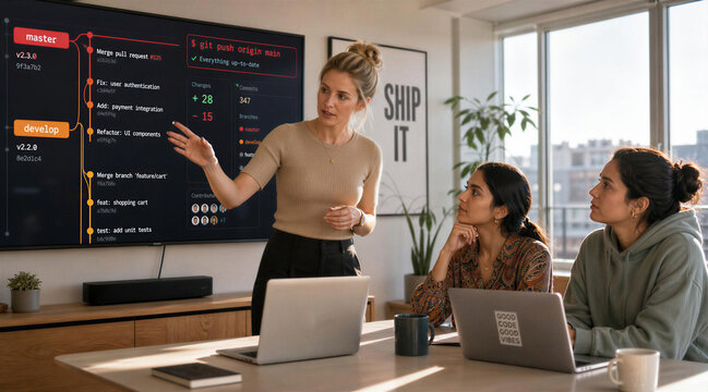 Analytical female engineering manager explaining a version control branching strategy to her team