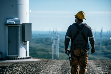 Fototapeta premium Worker Admiring Wind Farm: Green Energy Innovation on Rolling Hills Under Blue Sky
