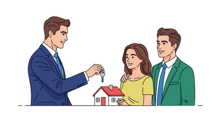 Fototapeta premium Vector Illustration of a Real Estate Agent Handing Over Keys to a Young Couple for Their New Home