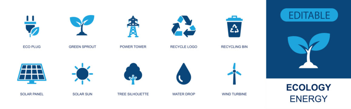 Ecology energy icon set. Containing eco plug, green sprout, power tower, recycle logo, recycling bin, solar panel, solar sun, water drop, wind turbine and more. Solid fill vector icons.