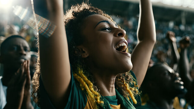 Jubilant Woman Celebrating in Sunlit Stadium, Surrounded by Cheering Fans, Perfect for Sports and Event Themes.