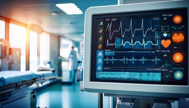 medical heart rate monitor displaying vital signs in hospital intensive care unit