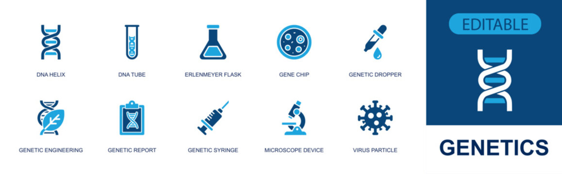 Genetics icon set. Containing DNA helix, DNA tube, erlenmeyer flask, gene chip, genetic dropper, genetic report, syringe, microscope, virus particle and more. Solid fill vector icons.
