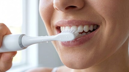 Naklejka premium Woman confidently brushes her teeth with electric toothbrush in welllit bathroom mirror